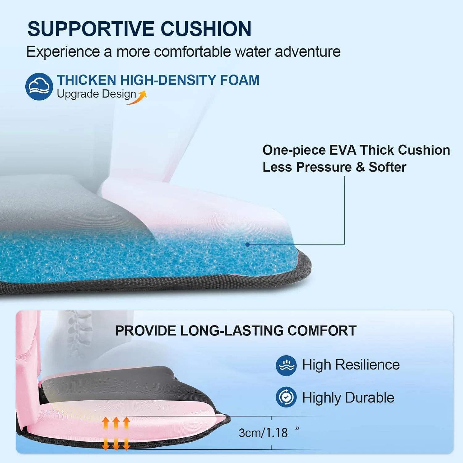 Thickened Kayak Seat with Back Support, Sit On Top Cushioned Canoe Backrest Molded Foam Seat for SUP Paddle Board Fishing Boat Long Trip