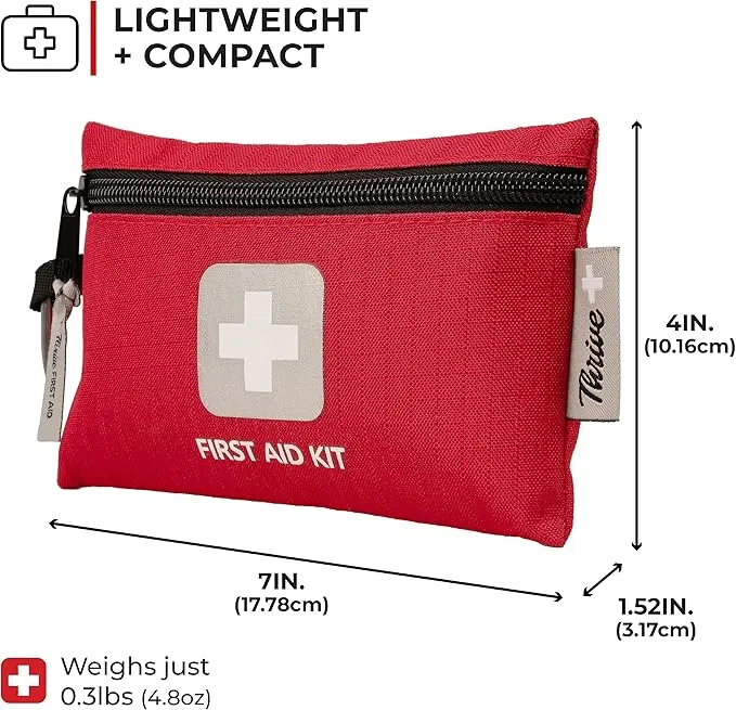 Thrive Travel Essentials Mini First Aid Kit - 66 FSA HSA Approved Products Includes Multi-Sized Bandage, Wipes, Safety Pins, and More (Pouch)