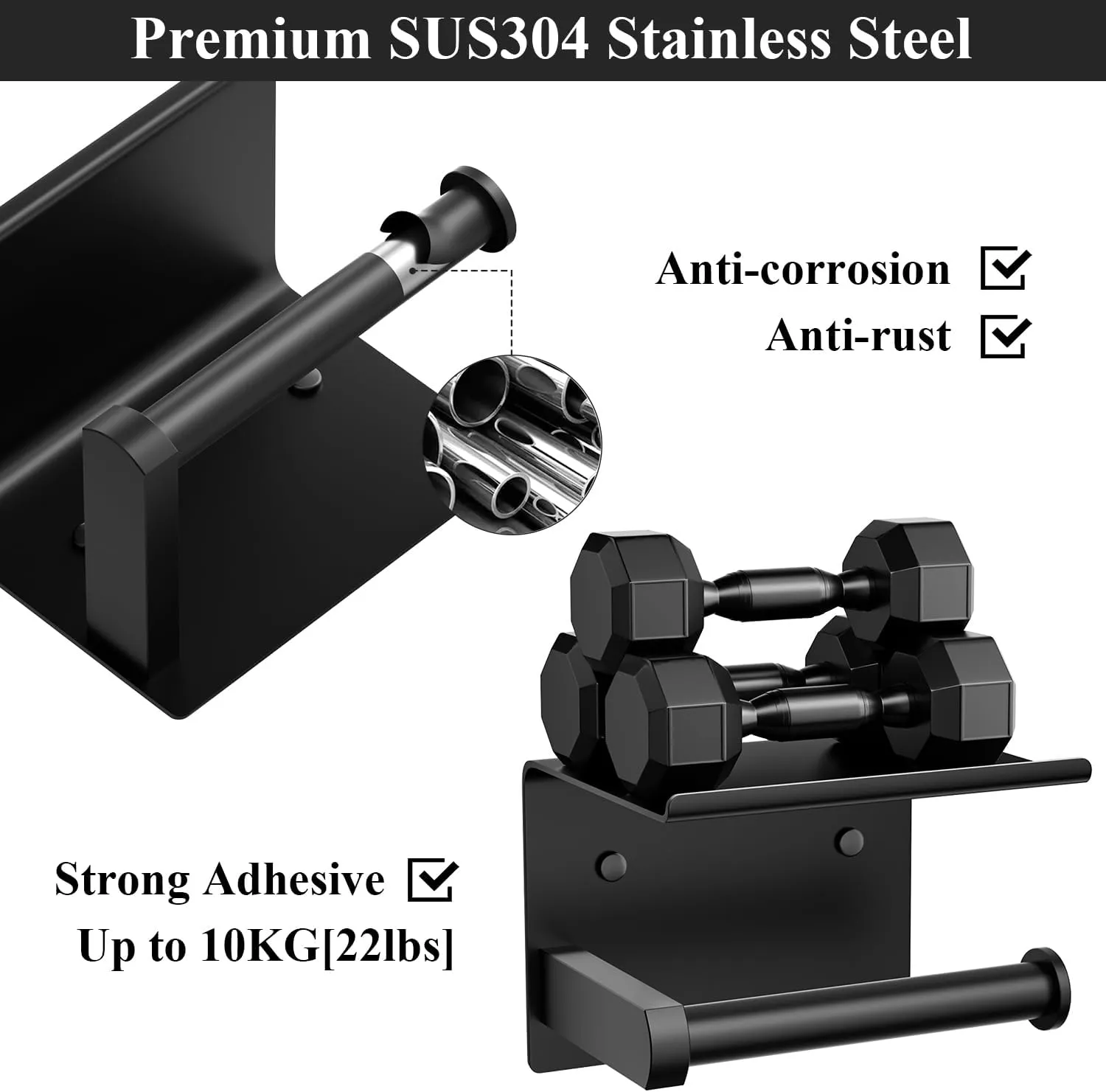 Tindbea Toilet Paper Holder with Phone Shelf, Adhesive or Screw Wall Mount Toilet Tissue Roll Holder, Rustproof & Multifunctional Stainless Steel Bathroom Storage Dispenser (Matte Black)