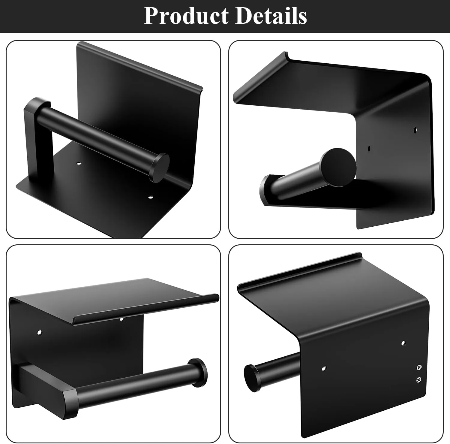 Tindbea Toilet Paper Holder with Phone Shelf, Adhesive or Screw Wall Mount Toilet Tissue Roll Holder, Rustproof & Multifunctional Stainless Steel Bathroom Storage Dispenser (Matte Black)
