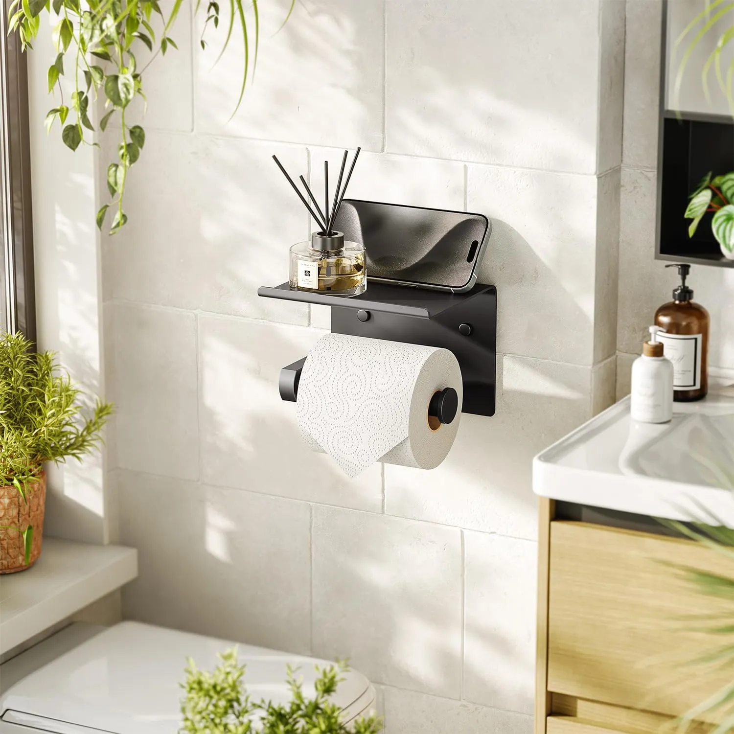 Tindbea Toilet Paper Holder with Phone Shelf, Adhesive or Screw Wall Mount Toilet Tissue Roll Holder, Rustproof & Multifunctional Stainless Steel Bathroom Storage Dispenser (Matte Black)