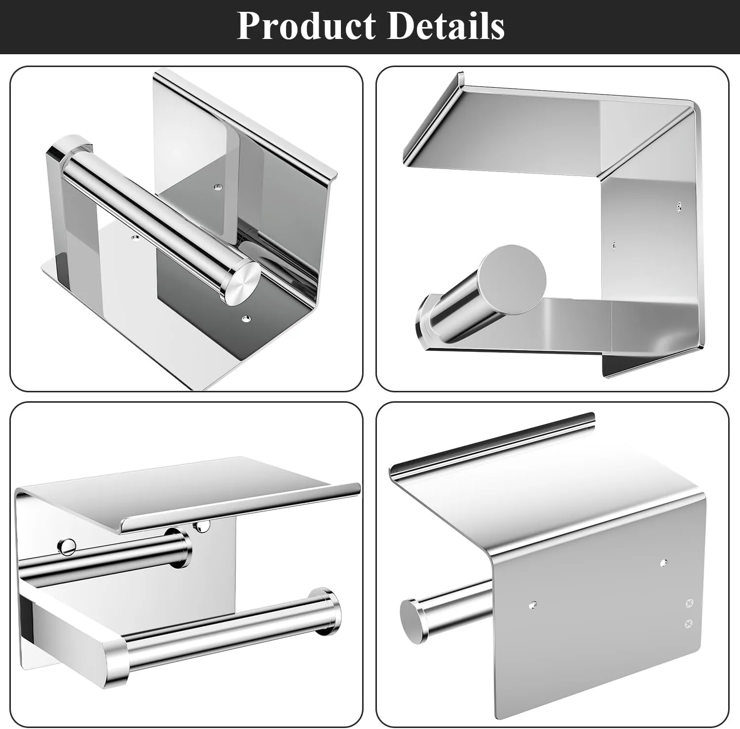 Tindbea Toilet Paper Holder with Phone Shelf, Adhesive or Screw Wall Mount Toilet Tissue Roll Holder, Rustproof & Multifunctional Stainless Steel Bathroom Storage Dispenser (Polished Chrome)