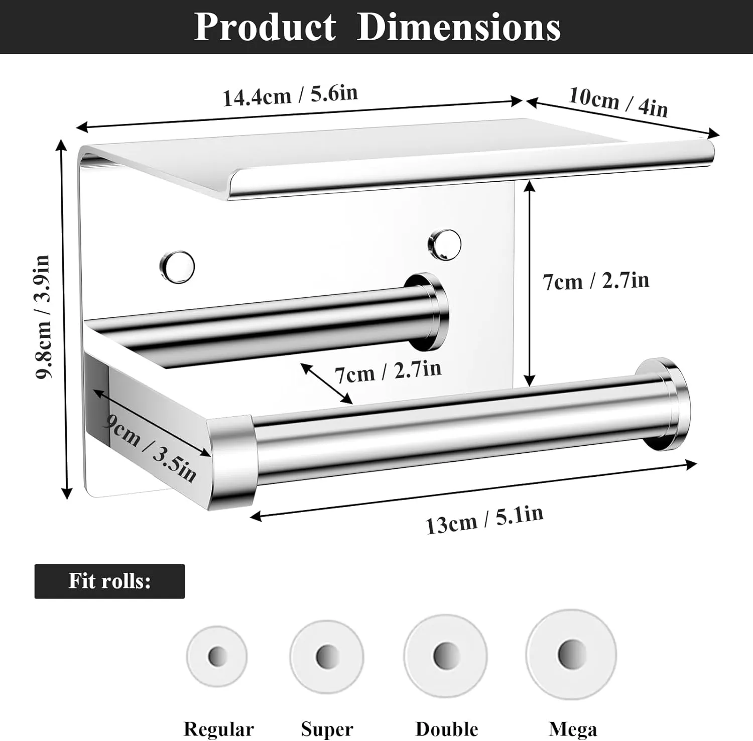 Tindbea Toilet Paper Holder with Phone Shelf, Adhesive or Screw Wall Mount Toilet Tissue Roll Holder, Rustproof & Multifunctional Stainless Steel Bathroom Storage Dispenser (Polished Chrome)