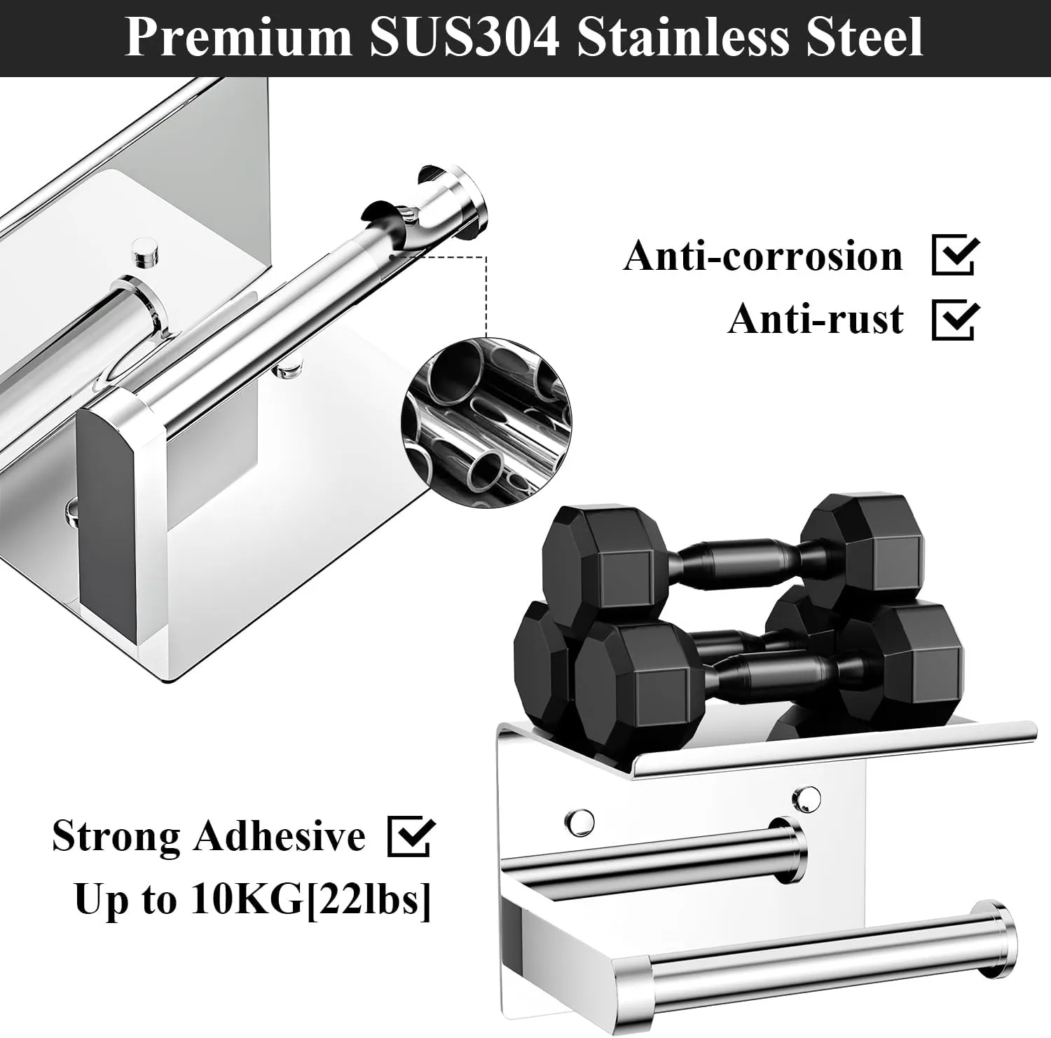 Tindbea Toilet Paper Holder with Phone Shelf, Adhesive or Screw Wall Mount Toilet Tissue Roll Holder, Rustproof & Multifunctional Stainless Steel Bathroom Storage Dispenser (Polished Chrome)