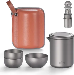 titanium tea set, travel teapot with leather bag, including 1 titanium teapot, 1 large teacup and 2 small teacups, packed in a suitcase, suitable for travel, outdoor, camping use
