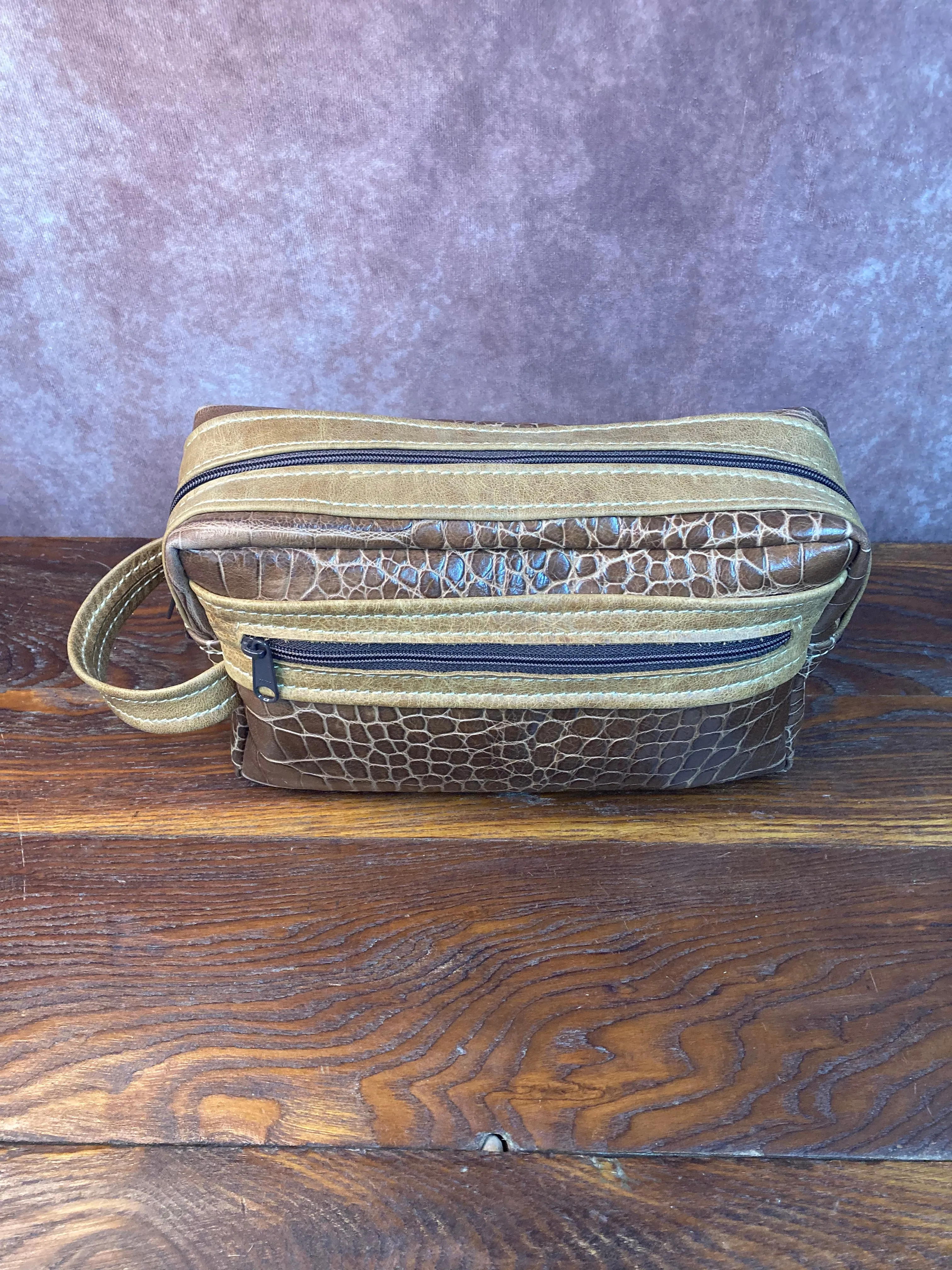 Toiletry/Cosmetic Bag/Shaving Kit - Brown Reptile Embossed and Tan Leather