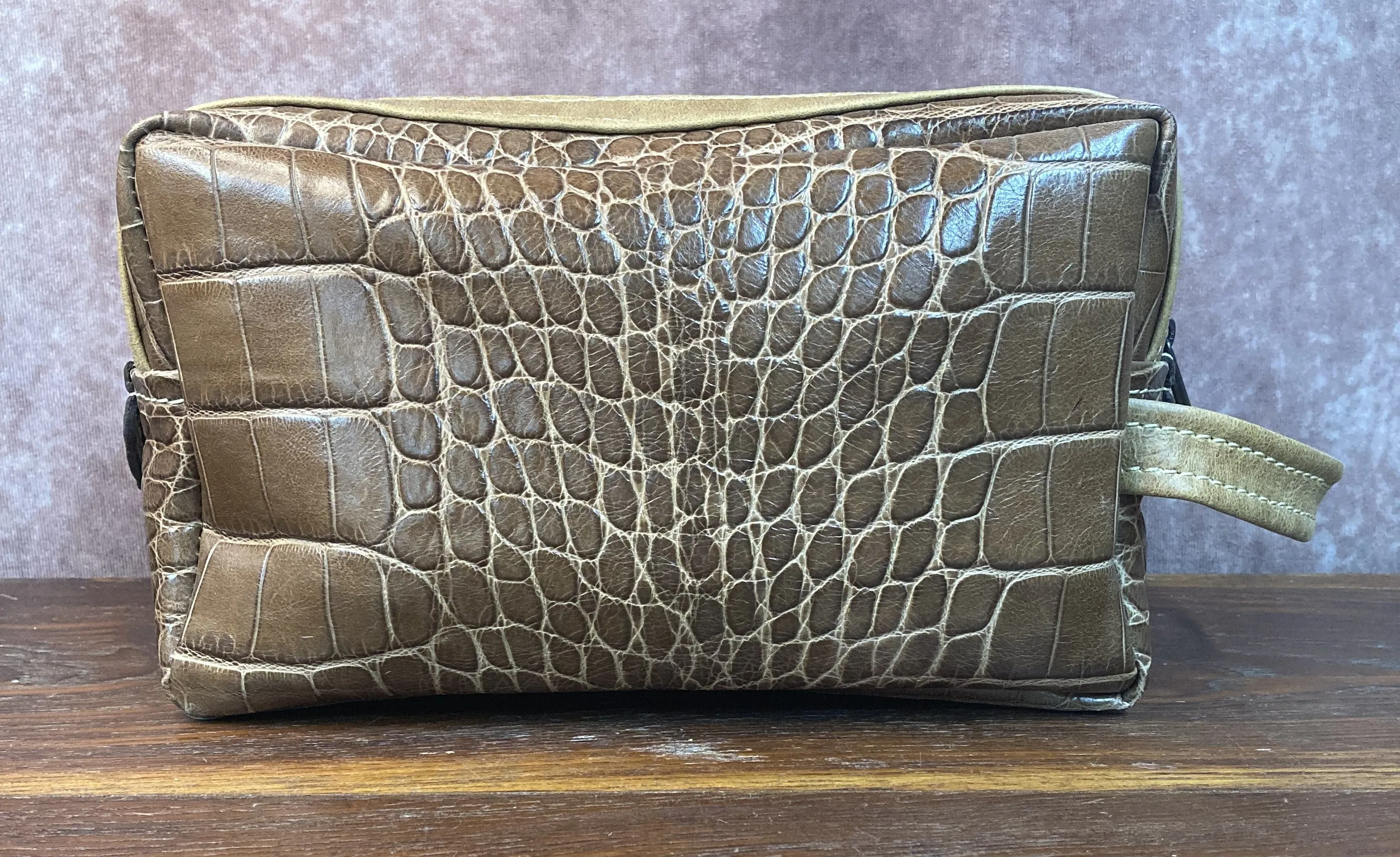 Toiletry/Cosmetic Bag/Shaving Kit - Brown Reptile Embossed and Tan Leather