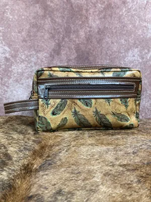 Toiletry/Cosmetic Bag/Shaving Kit - Feather Embossed Leather and Brown Trim