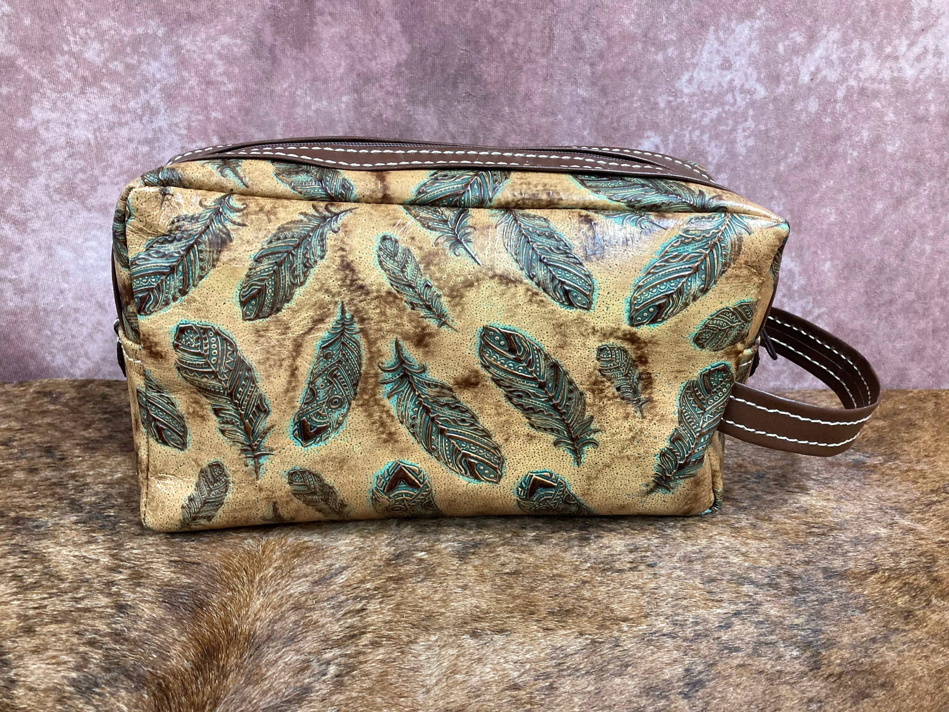 Toiletry/Cosmetic Bag/Shaving Kit - Feather Embossed Leather and Brown Trim