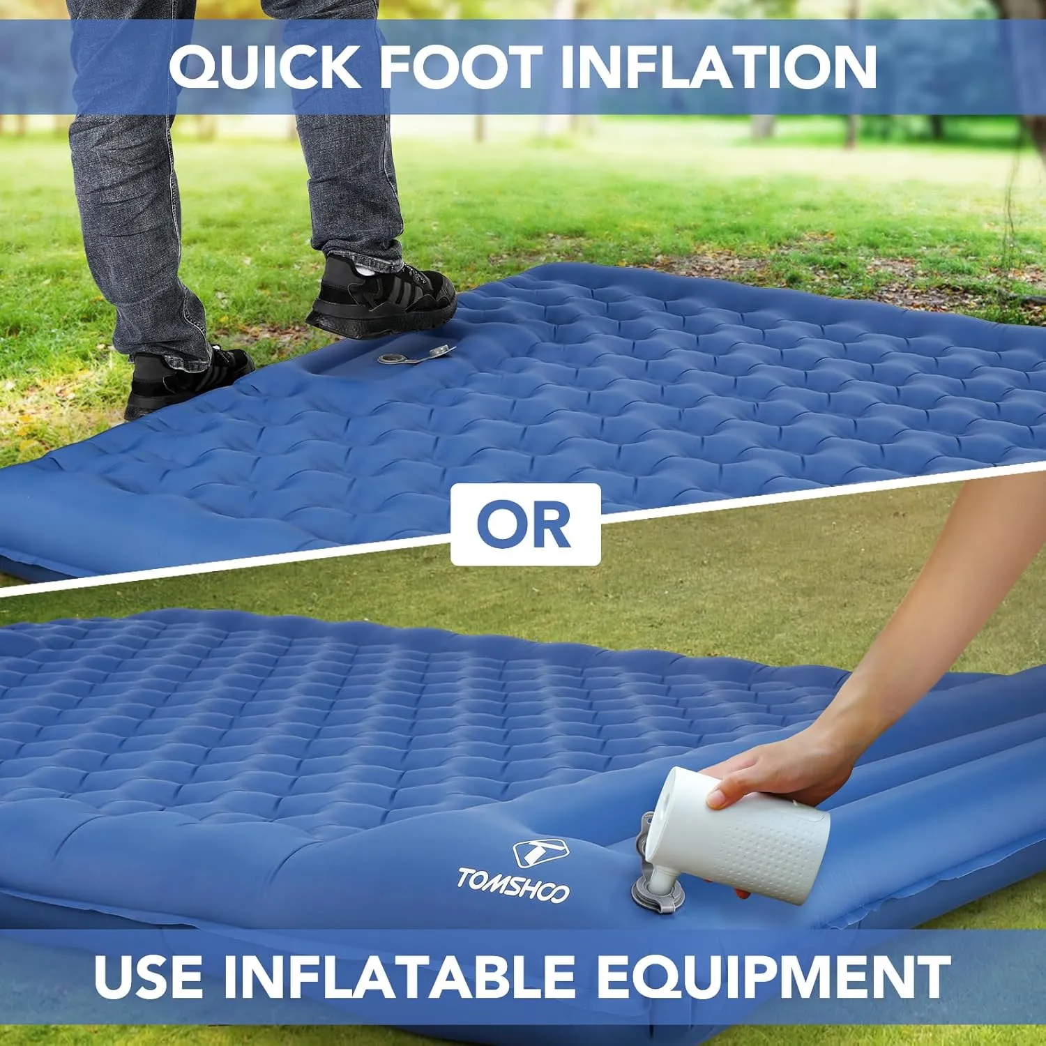 TOMSHOO Double Sleeping Pad, Inflatable Sleeping Mat Built-in Pump Camping Mat Upgraded Support Camping Mattress with Pillow, 2 Carabiner, Carry Bag, Repair Kit-77''L*53''W*5''H