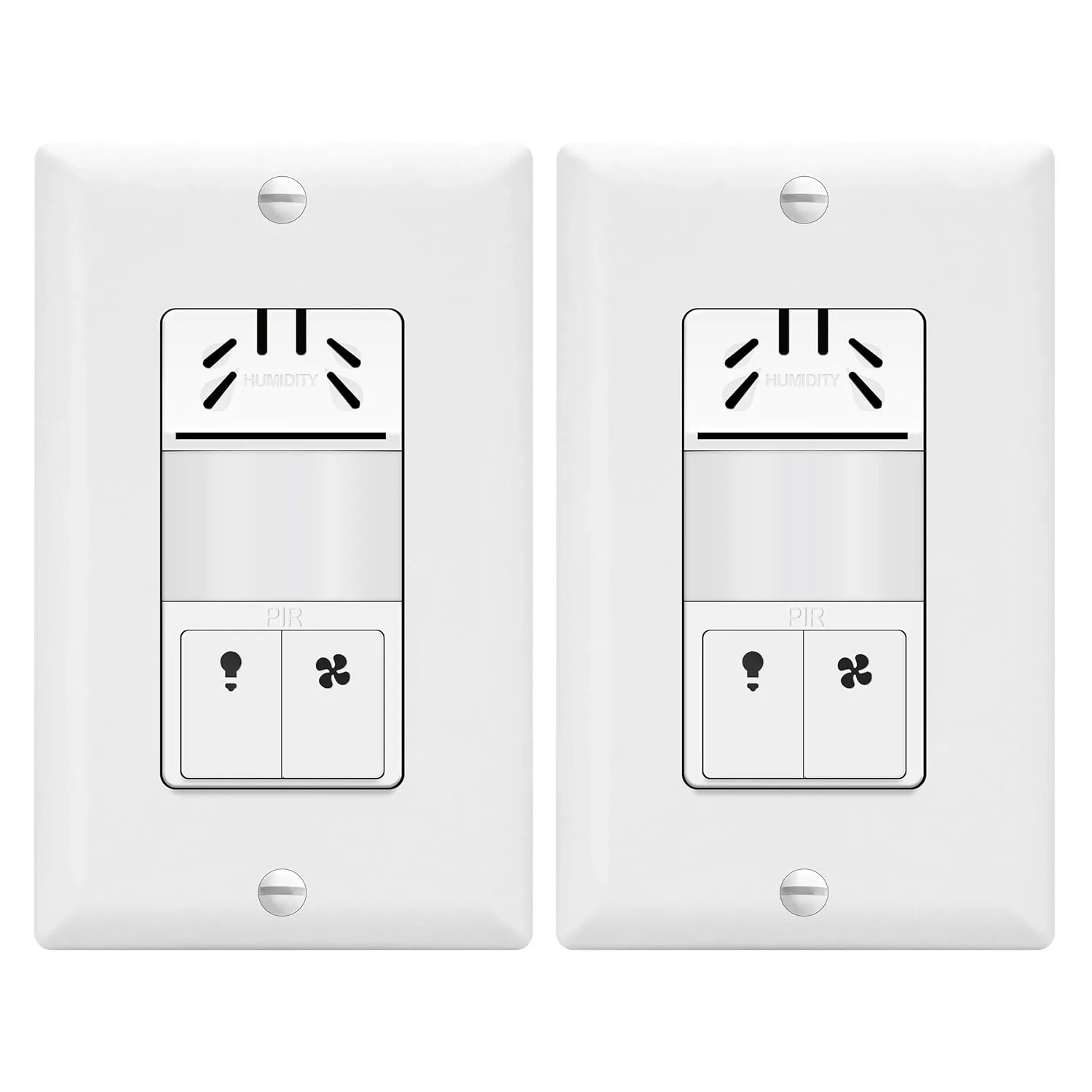 TOPGREENER Dual Tech Humidity Sensor Switch, Infrared PIR Motion & Air Moisture Detection, Bathroom Fan & Light Control, Adjustable Timing, Neutral Wire Required, UL Listed, TDHOS5-2PCS, White 2 Pack