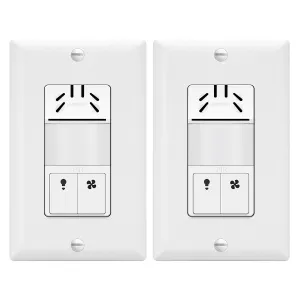 TOPGREENER Dual Tech Humidity Sensor Switch, Infrared PIR Motion & Air Moisture Detection, Bathroom Fan & Light Control, Adjustable Timing, Neutral Wire Required, UL Listed, TDHOS5-2PCS, White 2 Pack