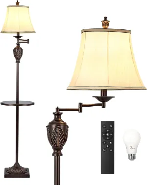 Traditional LED Floor Lamp with 350° Adjustable Swing Arm Lamp – Vintage Standing Pole lamp for Living Room, Bedroom and Office – Rustic Upright Floor Light for Home Décor with Silk Fabric Shade