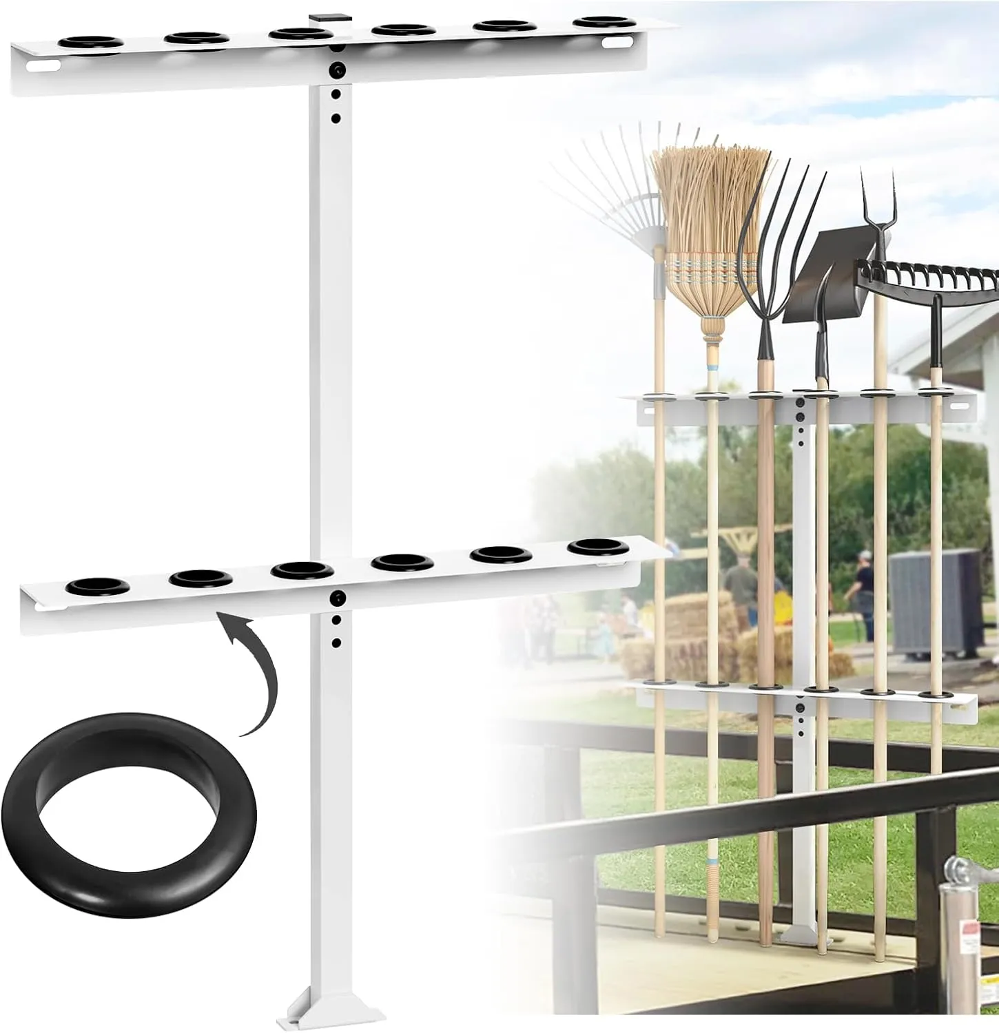 Trailer Tool Rack Shovel Holder - Rake Holder for Trailer Landscape Hand Tool Rack Trailer Rake Rack with 6 Tool Holes with Rubber Grommets, White