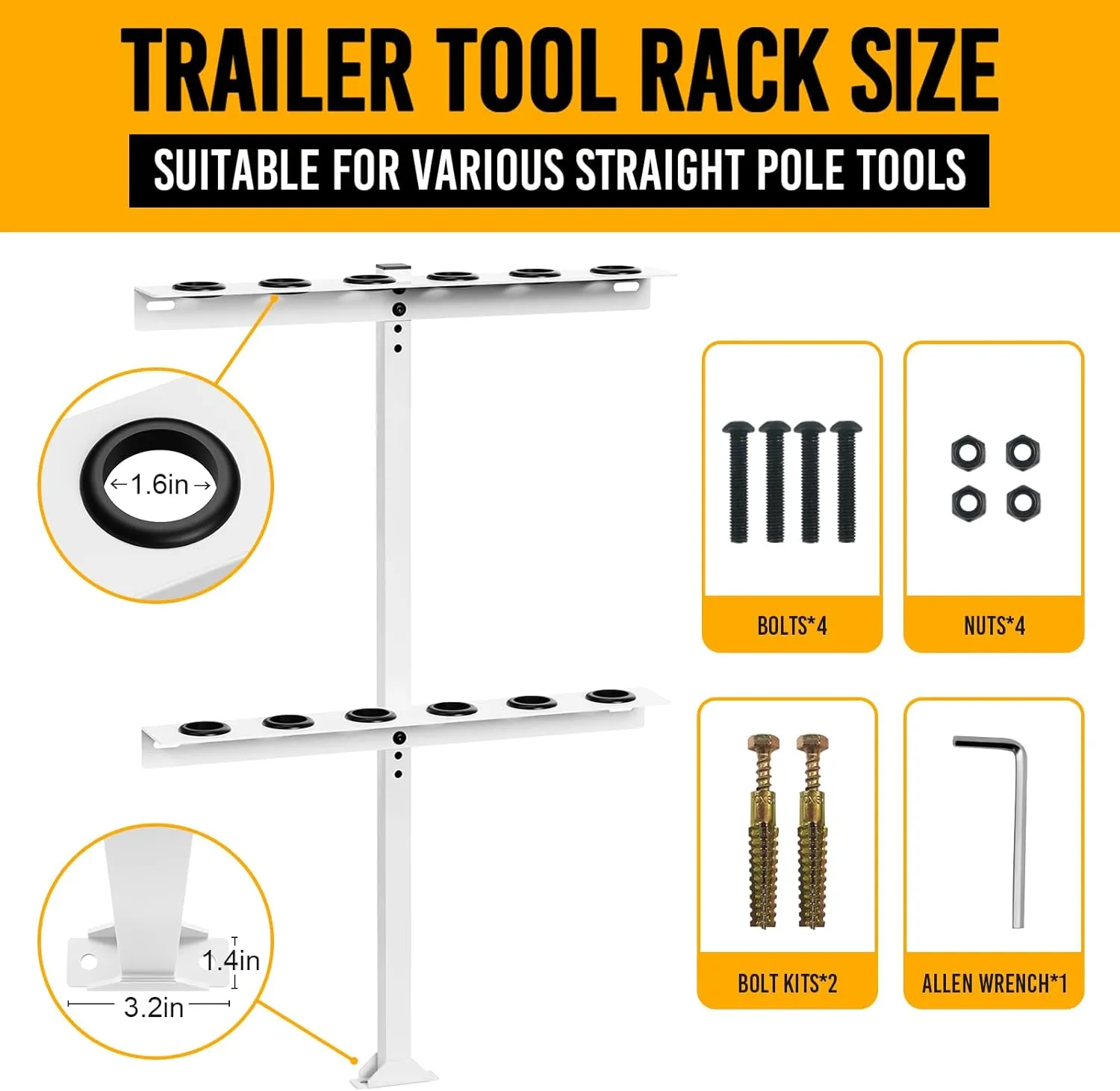 Trailer Tool Rack Shovel Holder - Rake Holder for Trailer Landscape Hand Tool Rack Trailer Rake Rack with 6 Tool Holes with Rubber Grommets, White