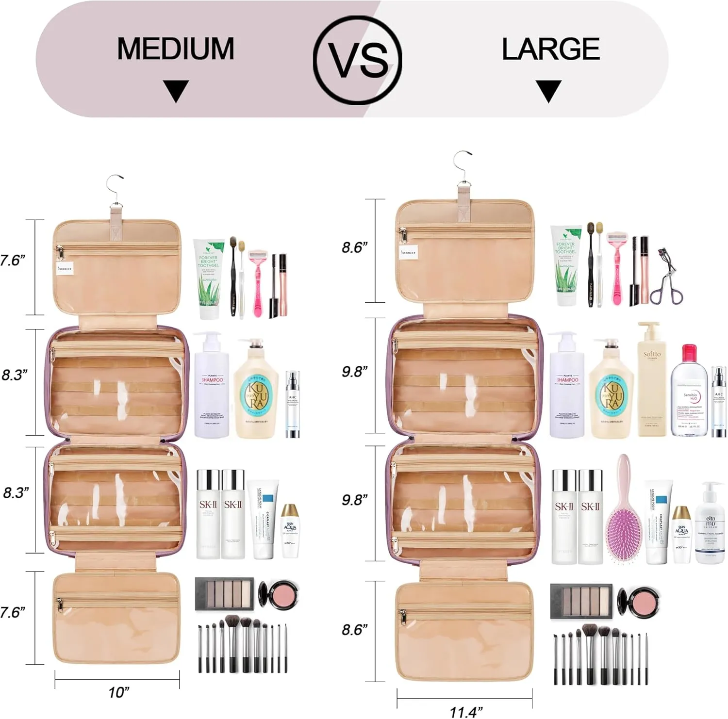 Travel Hanging Toiletry Bag for Women, with Jewelry Organizer Compartment, Medium Waterproof Hanging Makeup Accessories, Cosmetic Essentials, Toiletries Dopp Kit Set with Trolley Belt, Dark Purple