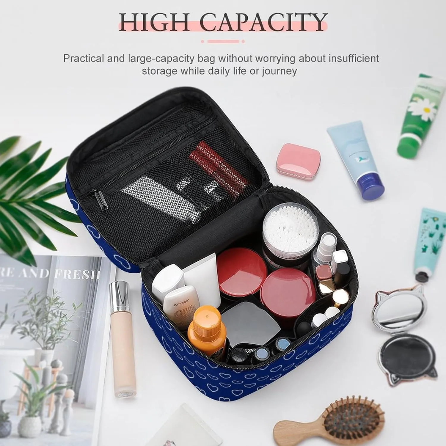 Travel Makeup Bag, Dark Blue Hearts Cosmetic Bags for Women Large Capacity Waterproof Toiletry Bag Make up Organizer