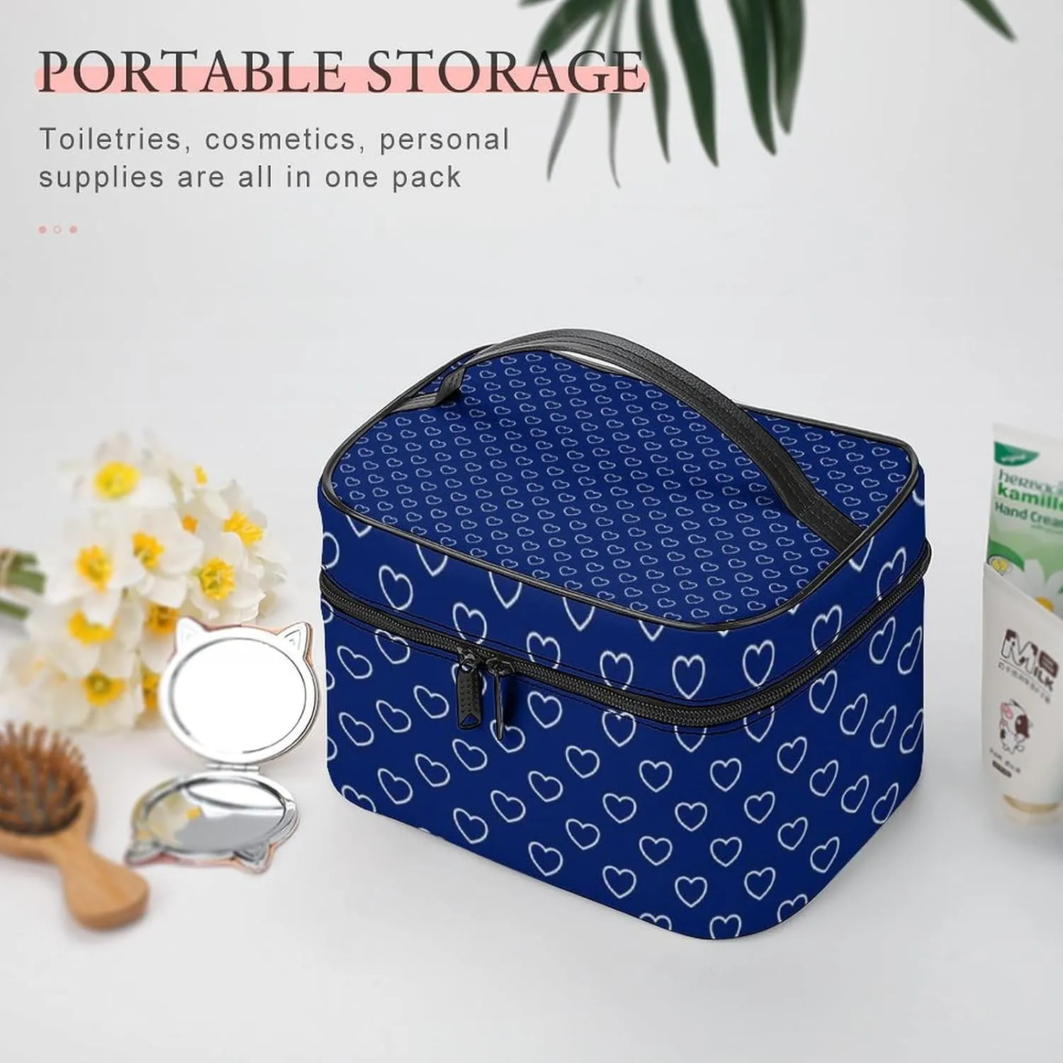 Travel Makeup Bag, Dark Blue Hearts Cosmetic Bags for Women Large Capacity Waterproof Toiletry Bag Make up Organizer