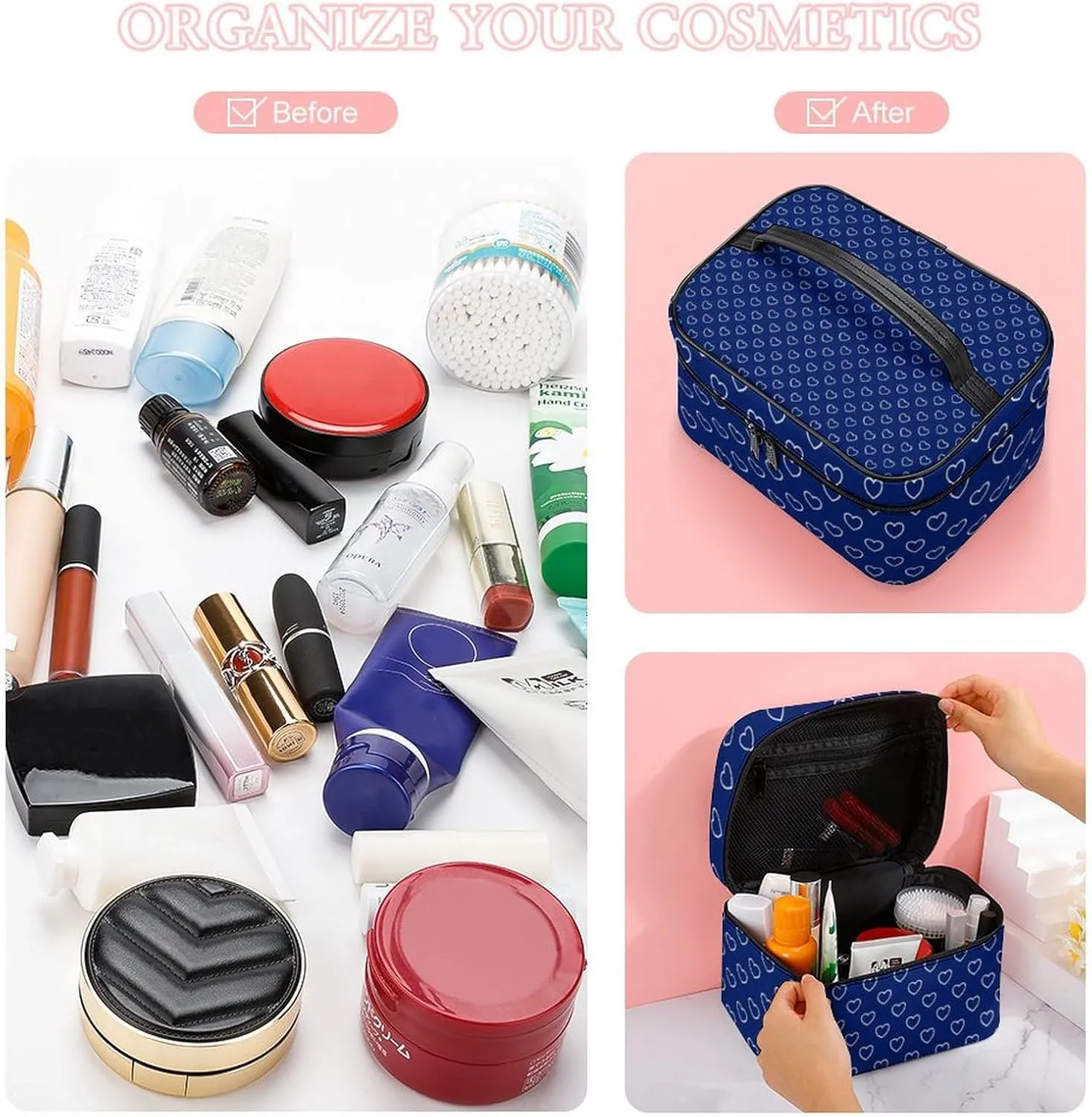 Travel Makeup Bag, Dark Blue Hearts Cosmetic Bags for Women Large Capacity Waterproof Toiletry Bag Make up Organizer