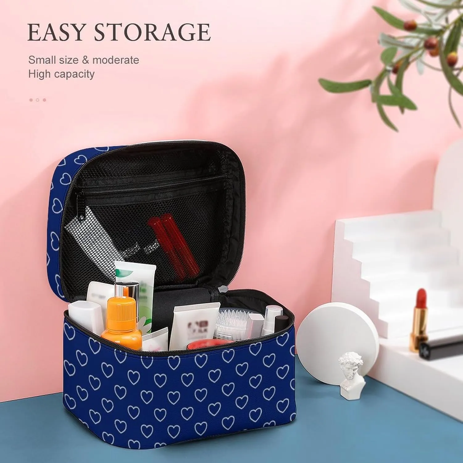 Travel Makeup Bag, Dark Blue Hearts Cosmetic Bags for Women Large Capacity Waterproof Toiletry Bag Make up Organizer