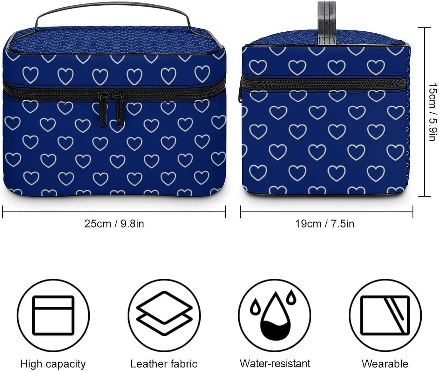 Travel Makeup Bag, Dark Blue Hearts Cosmetic Bags for Women Large Capacity Waterproof Toiletry Bag Make up Organizer