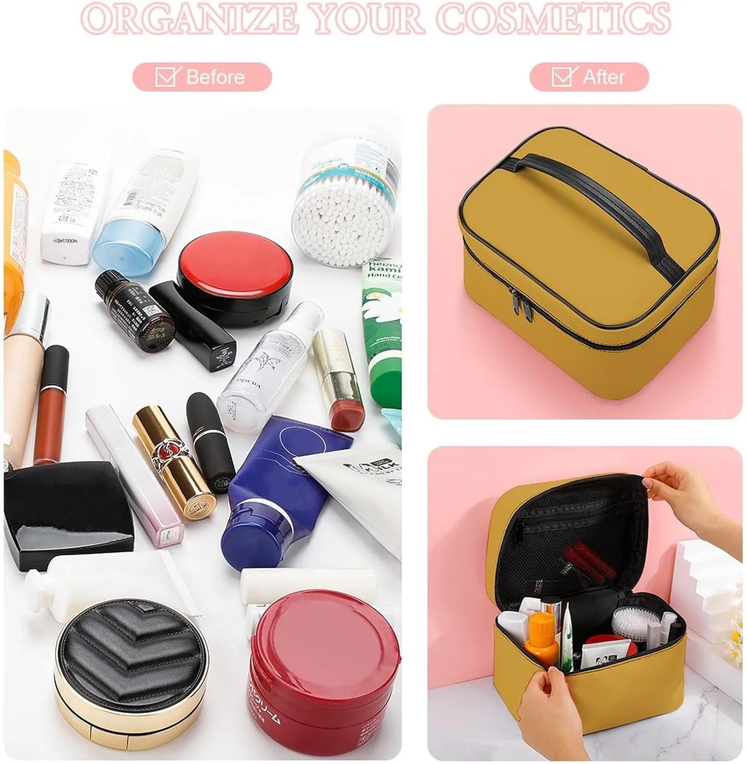 Travel Makeup Bag, Elegant Yellow Cosmetic Bags for Women Large Capacity Waterproof Toiletry Bag Make up Organizer