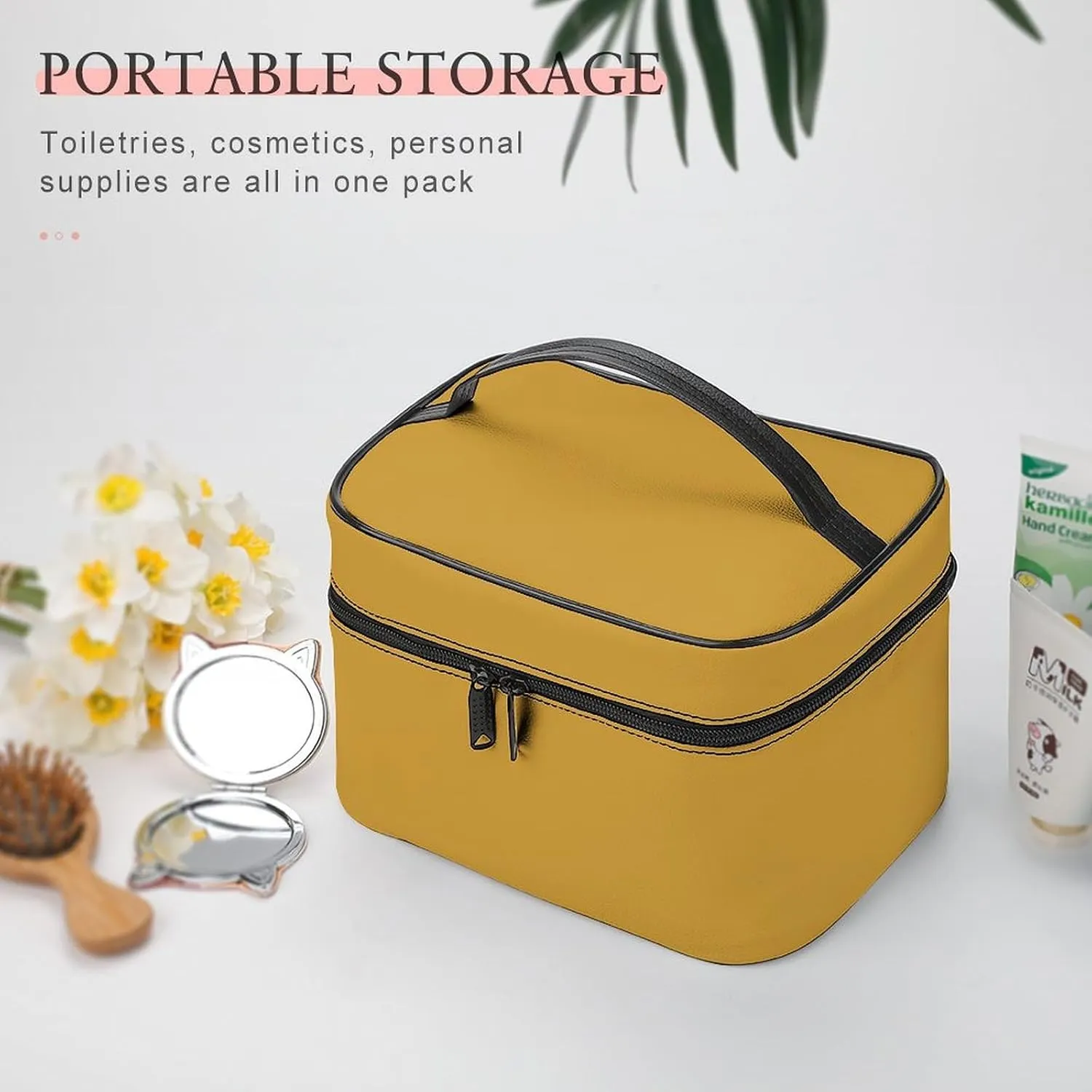Travel Makeup Bag, Elegant Yellow Cosmetic Bags for Women Large Capacity Waterproof Toiletry Bag Make up Organizer