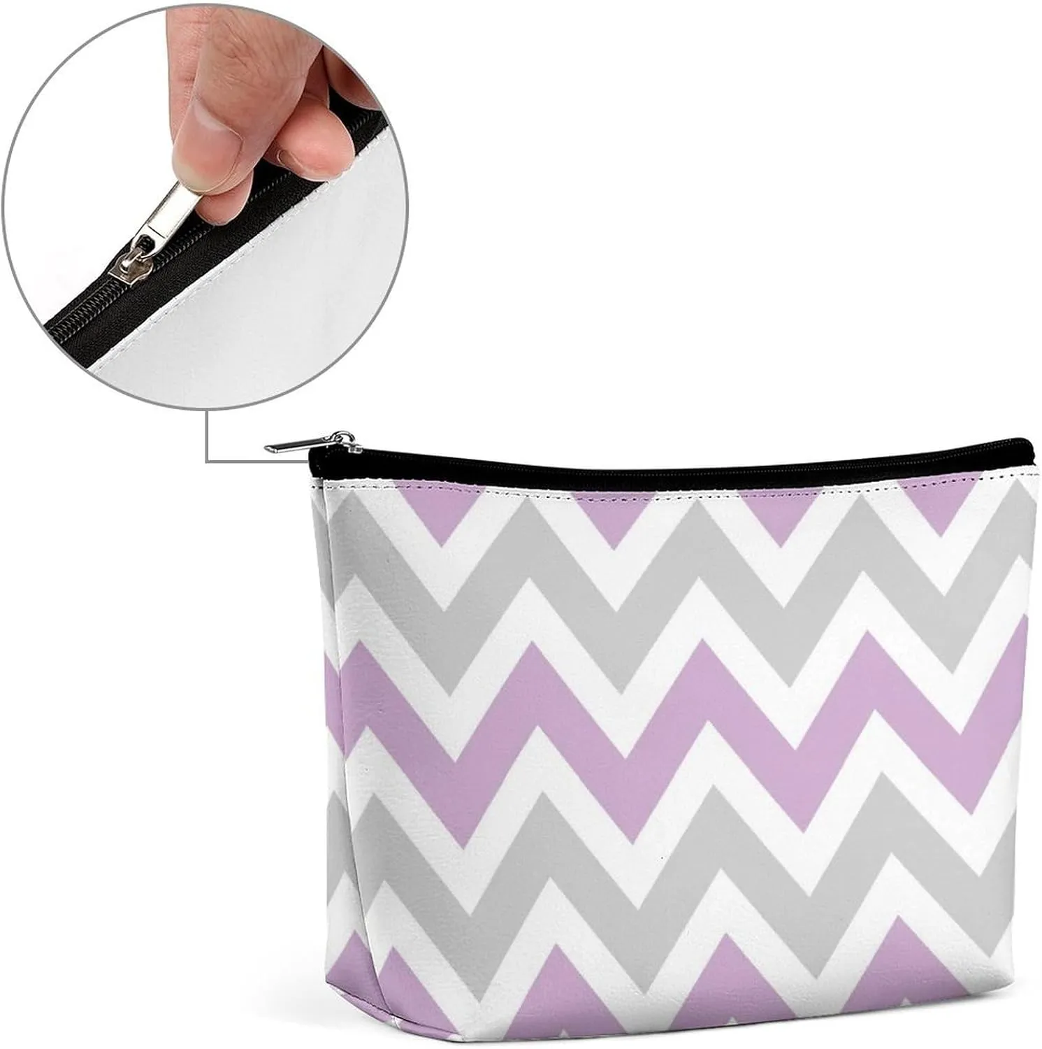 Travel Makeup Bag, Gray and Lilac Purple Chevron Cosmetic Bags for Women Large Capacity Waterproof Toiletry Pouch Make up Organizer