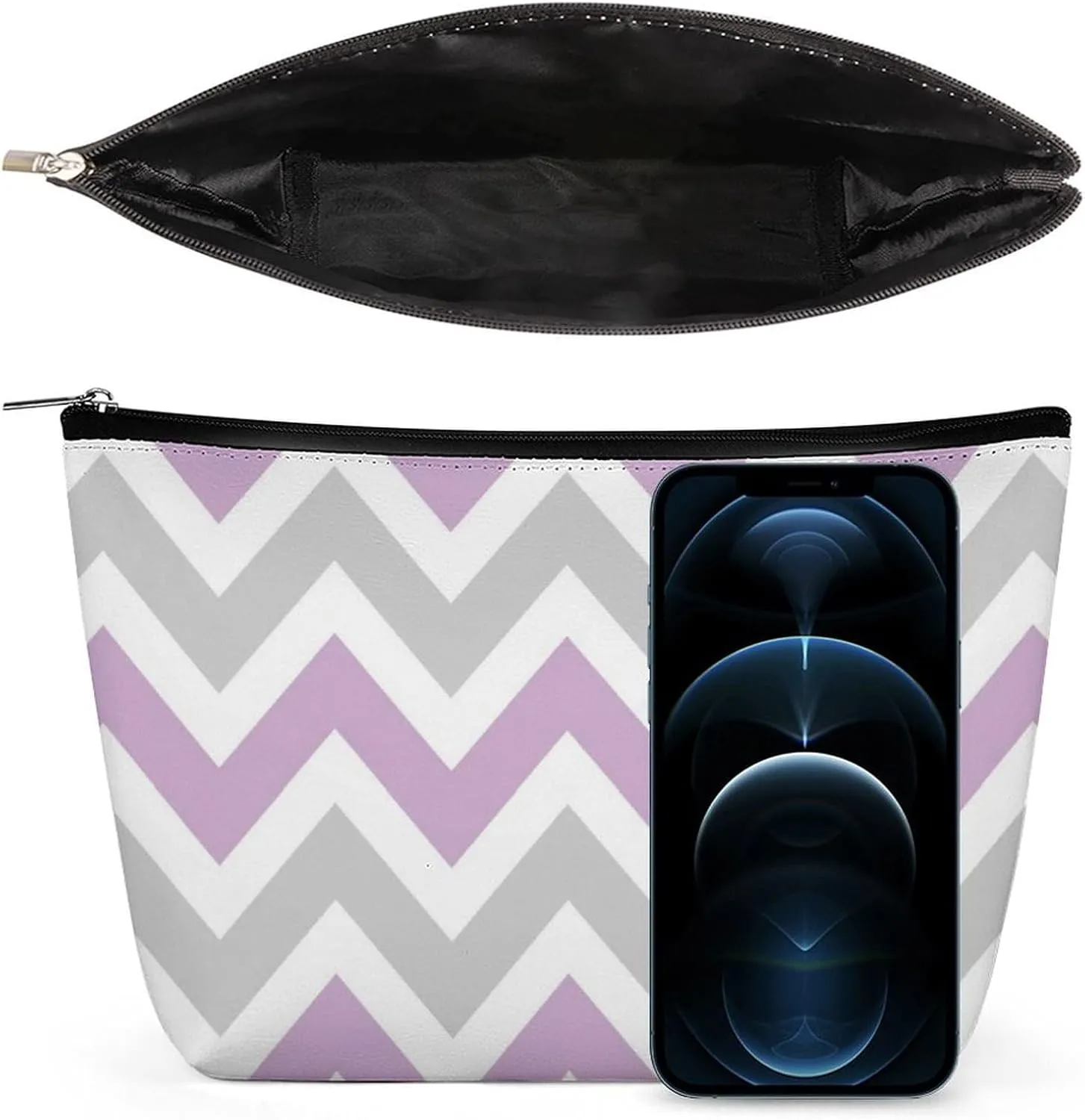 Travel Makeup Bag, Gray and Lilac Purple Chevron Cosmetic Bags for Women Large Capacity Waterproof Toiletry Pouch Make up Organizer