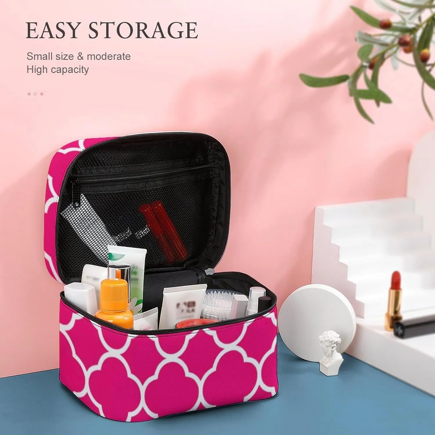 Travel Makeup Bag, Quatrefoil Hot Pink White Cosmetic Bags for Women Large Capacity Waterproof Toiletry Bag Make up Organizer