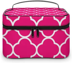 Travel Makeup Bag, Quatrefoil Hot Pink White Cosmetic Bags for Women Large Capacity Waterproof Toiletry Bag Make up Organizer