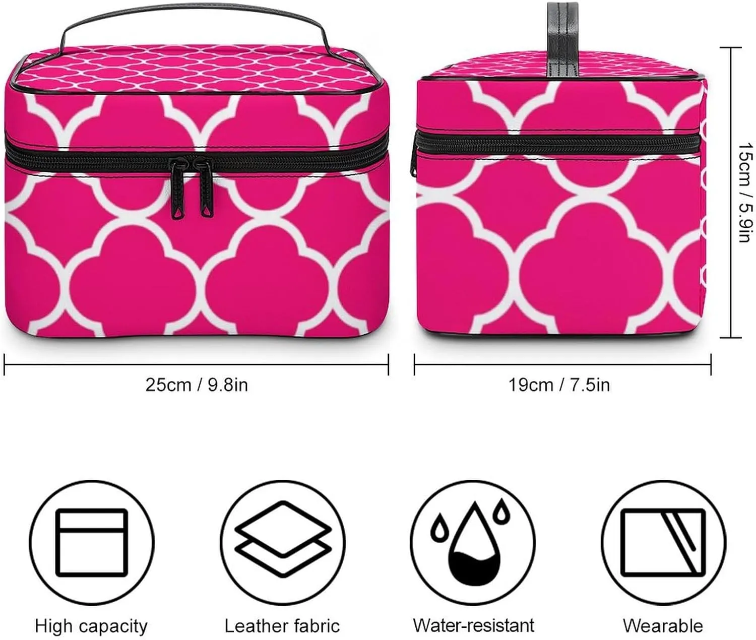 Travel Makeup Bag, Quatrefoil Hot Pink White Cosmetic Bags for Women Large Capacity Waterproof Toiletry Bag Make up Organizer