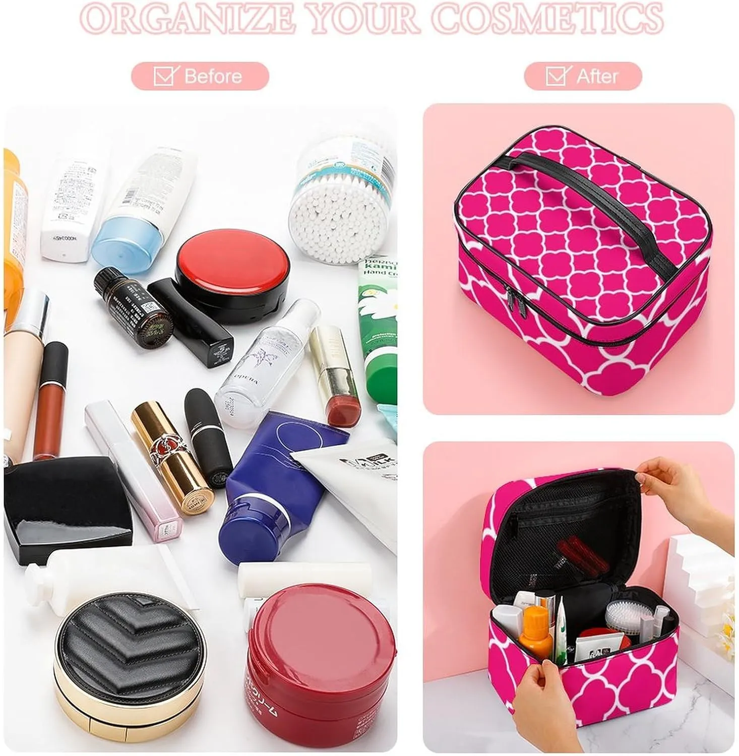 Travel Makeup Bag, Quatrefoil Hot Pink White Cosmetic Bags for Women Large Capacity Waterproof Toiletry Bag Make up Organizer