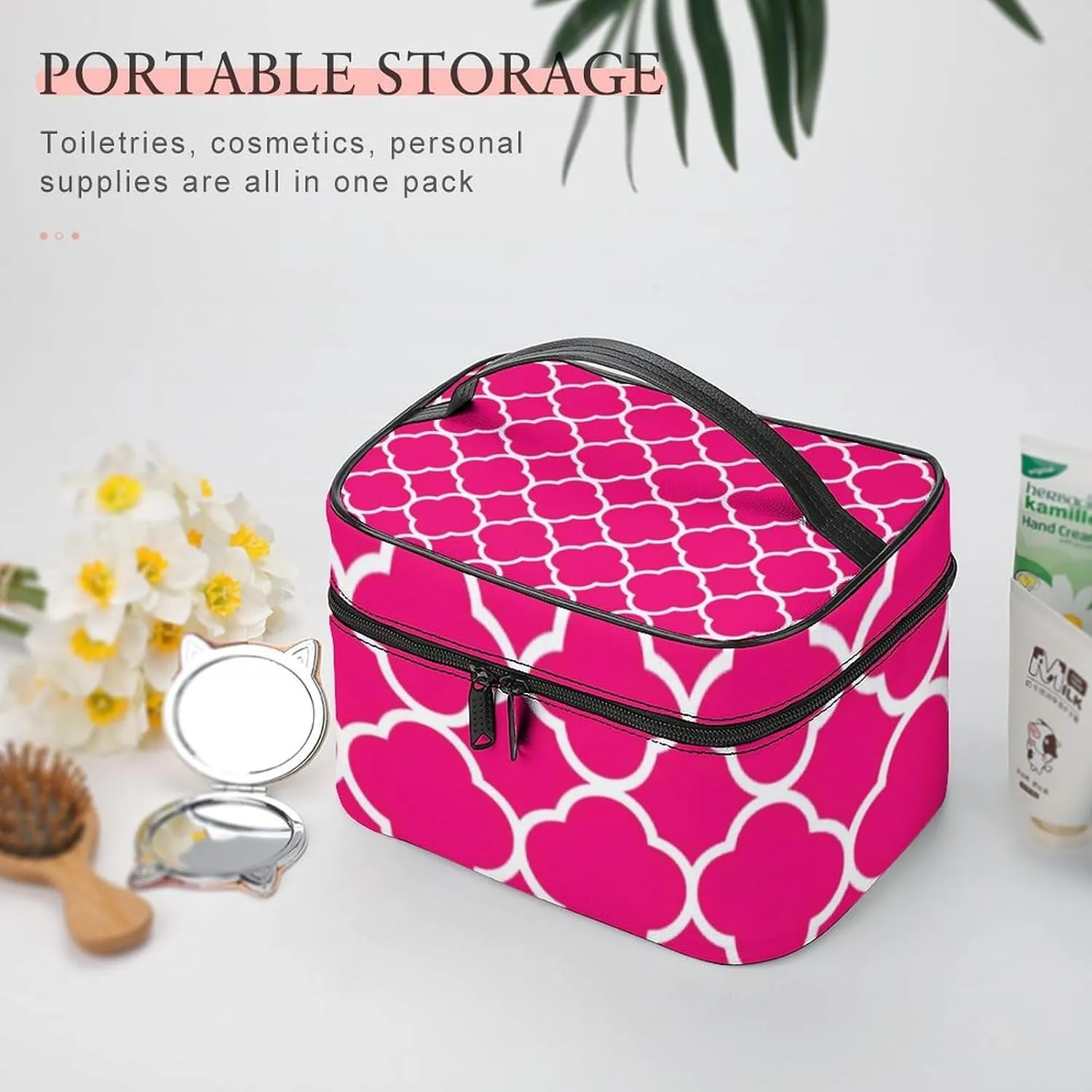 Travel Makeup Bag, Quatrefoil Hot Pink White Cosmetic Bags for Women Large Capacity Waterproof Toiletry Bag Make up Organizer
