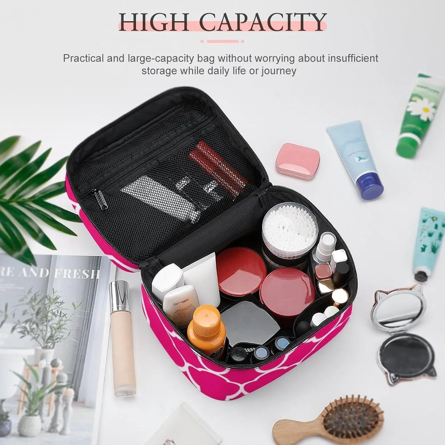 Travel Makeup Bag, Quatrefoil Hot Pink White Cosmetic Bags for Women Large Capacity Waterproof Toiletry Bag Make up Organizer