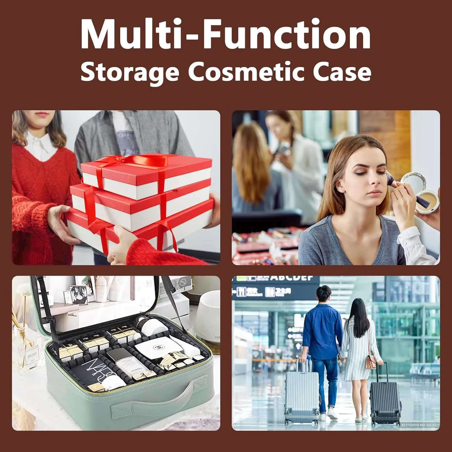 Travel Makeup Bag with LED Lighted Mirror, Travel Makeup Organizer,3 Color Setting Cosmetic Makeup Box, Adjustable Dividers and Brush Holder（Dark brown）