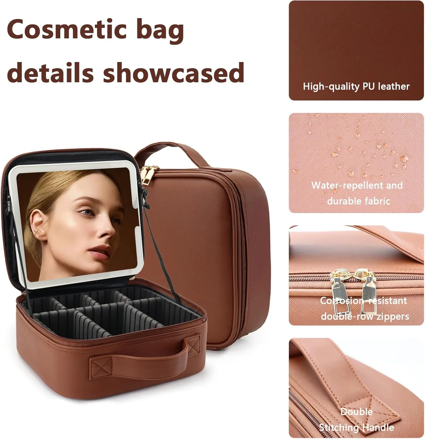 Travel Makeup Bag with LED Lighted Mirror, Travel Makeup Organizer,3 Color Setting Cosmetic Makeup Box, Adjustable Dividers and Brush Holder（Dark brown）