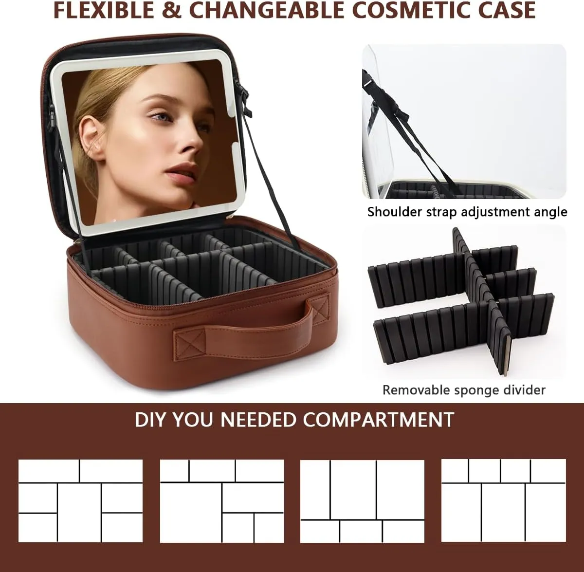 Travel Makeup Bag with LED Lighted Mirror, Travel Makeup Organizer,3 Color Setting Cosmetic Makeup Box, Adjustable Dividers and Brush Holder（Dark brown）