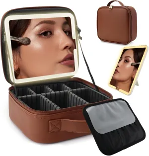 Travel Makeup Bag with LED Lighted Mirror, Travel Makeup Organizer,3 Color Setting Cosmetic Makeup Box, Adjustable Dividers and Brush Holder（Dark brown）