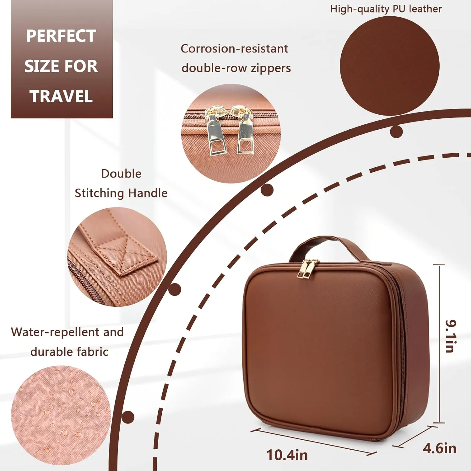 Travel Makeup Bag with LED Lighted Mirror, Travel Makeup Organizer,3 Color Setting Cosmetic Makeup Box, Adjustable Dividers and Brush Holder（Dark brown）