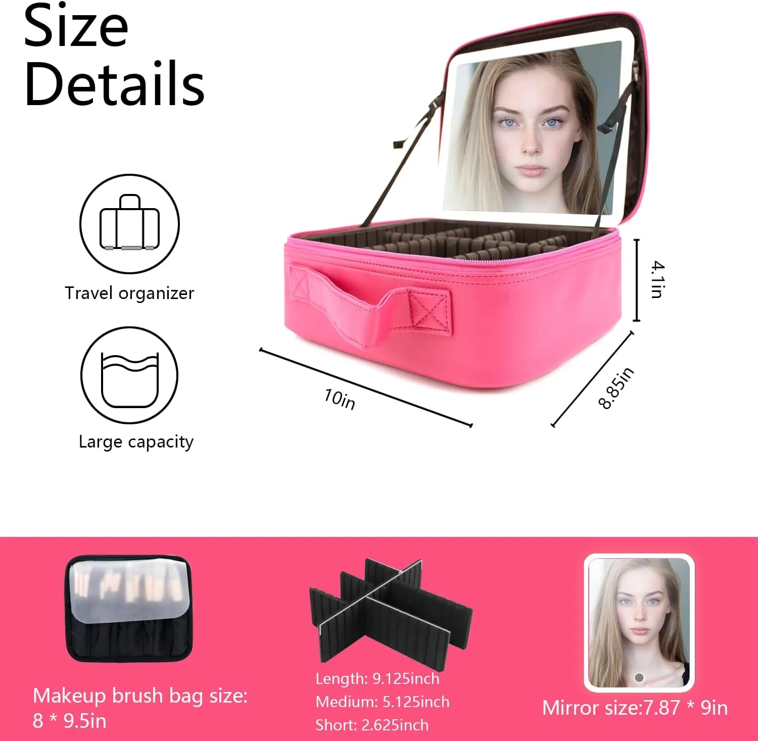 Travel Makeup Bag with LED Mirror and Light Makeup Travel Bag Organizer Portable Cosmetic Brush Organizer Bag with Adjustable Dividers for Cosmetics Makeup Brushes Toiletry (Light Red)