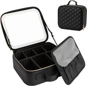 Travel Makeup Bag with LED Mirror, Leather Cosmetic Train Cases with Adjustable Dividers, Makeup Organizer with Makeup Brush Storage Board for Women, Artist and More