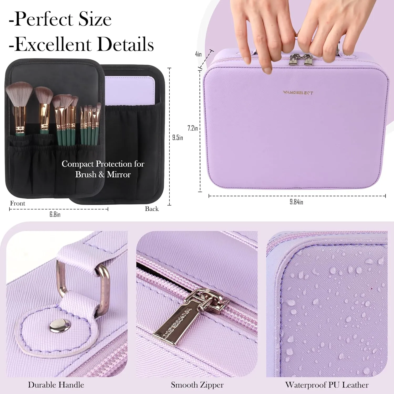 Travel Makeup Bag with Light-up Mirror Portable Cosmetic Organizer Train Case with Adjustable Dividers & Brushes Holder &1X/10X Magnifying Compact Mirror & Eyebrow Trimmer - Purple