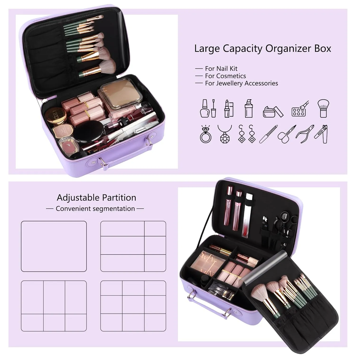Travel Makeup Bag with Light-up Mirror Portable Cosmetic Organizer Train Case with Adjustable Dividers & Brushes Holder &1X/10X Magnifying Compact Mirror & Eyebrow Trimmer - Purple