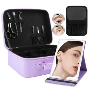 Travel Makeup Bag with Light-up Mirror Portable Cosmetic Organizer Train Case with Adjustable Dividers & Brushes Holder &1X/10X Magnifying Compact Mirror & Eyebrow Trimmer - Purple