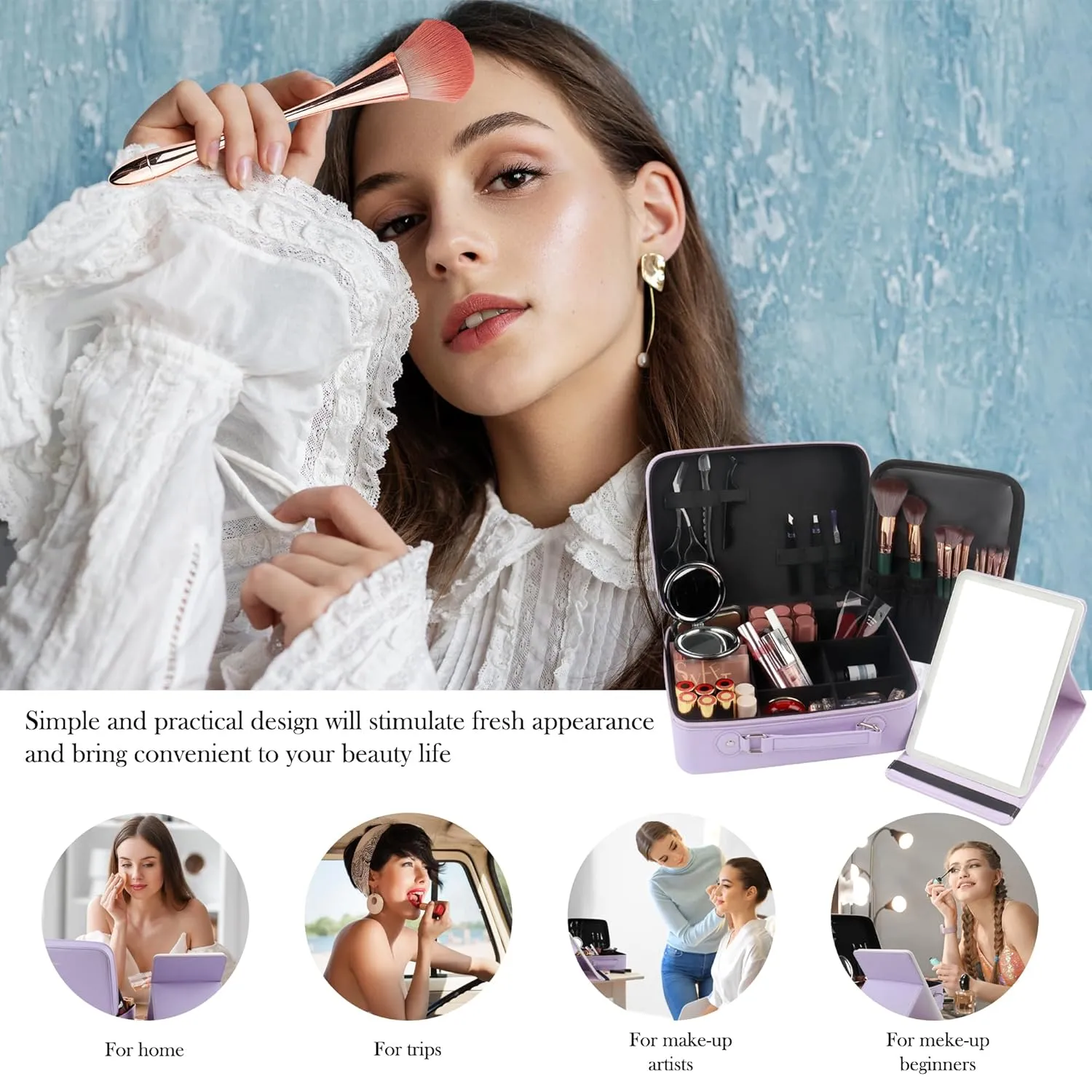 Travel Makeup Bag with Light-up Mirror Portable Cosmetic Organizer Train Case with Adjustable Dividers & Brushes Holder &1X/10X Magnifying Compact Mirror & Eyebrow Trimmer - Purple