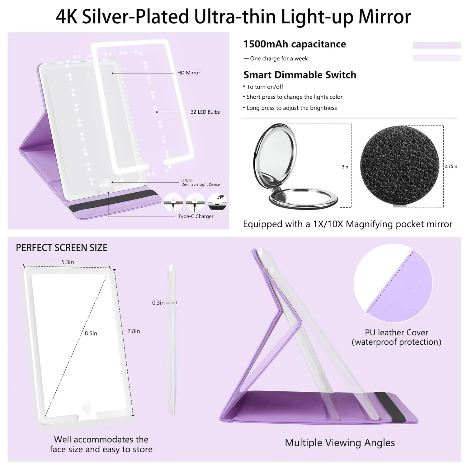 Travel Makeup Bag with Light-up Mirror Portable Cosmetic Organizer Train Case with Adjustable Dividers & Brushes Holder &1X/10X Magnifying Compact Mirror & Eyebrow Trimmer - Purple