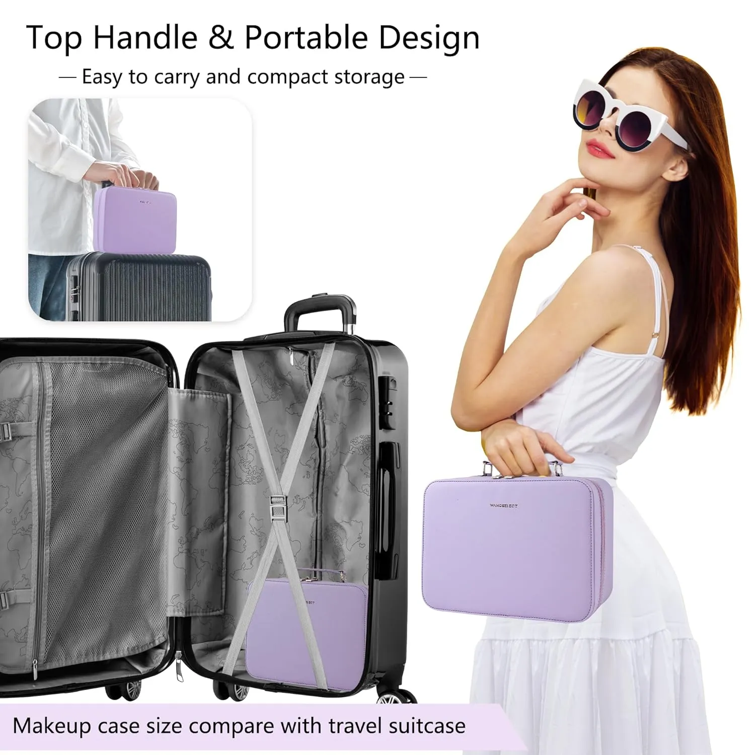Travel Makeup Bag with Light-up Mirror Portable Cosmetic Organizer Train Case with Adjustable Dividers & Brushes Holder &1X/10X Magnifying Compact Mirror & Eyebrow Trimmer - Purple