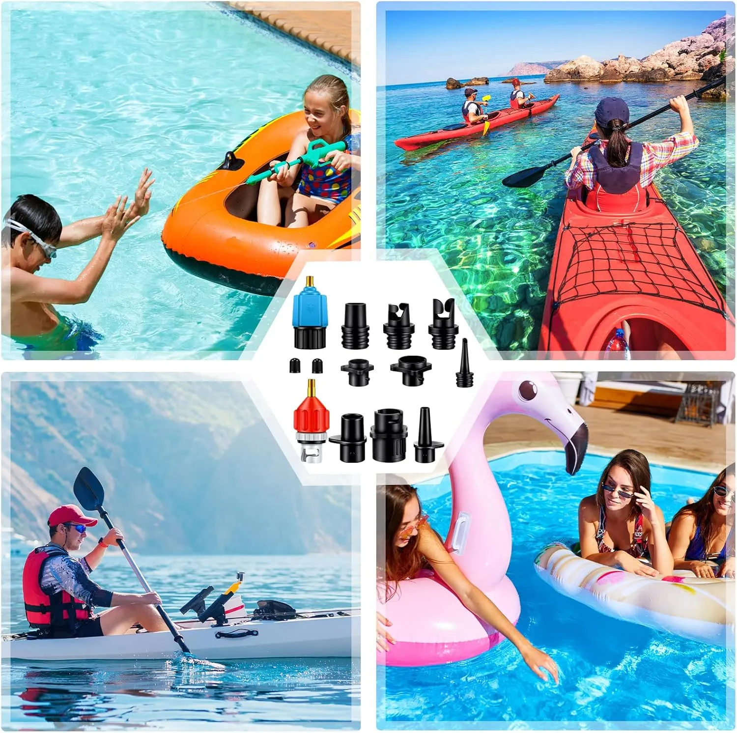 Treela Inflatable Air Pump Adaptor Compatible with SUP Inflatable Car Air Compressor Valve Adaptor with 9 Valve Nozzle for Paddle Board Boat