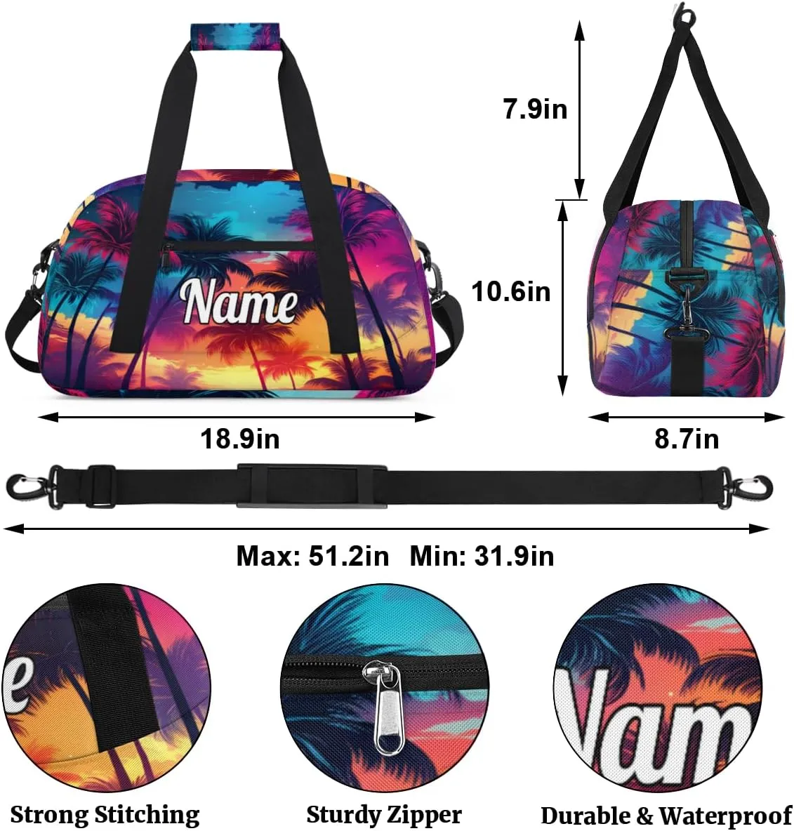 Tropical Palm Trees Custom Sports Gym Bag Personalized Dance Bag Teens Travel Weekender Overnight Carry On Bag Boys Girls Waterproof
